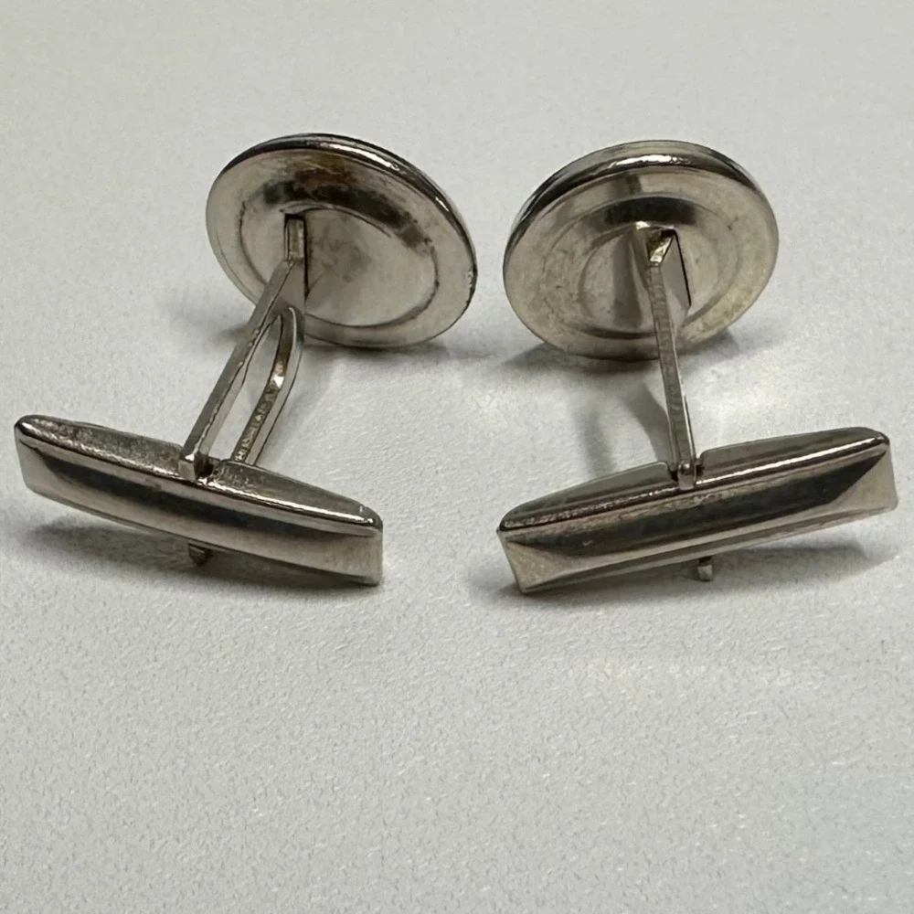 Vintage Pioneer Cufflinks Black Stone Silver‎ Tone Round Mens